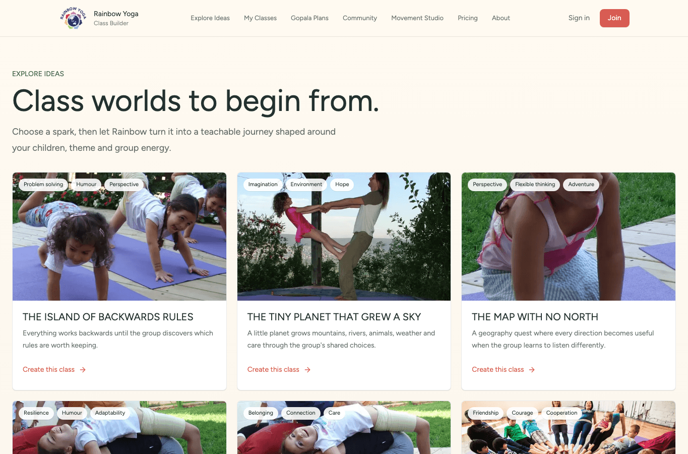 Rainbow Yoga Class Builder example class worlds screen